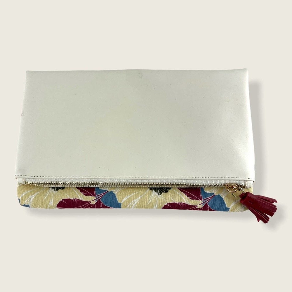 Rachel Pally Cream Blue Floral Vegan Fold Over Reversible Tassel Zip Clutch